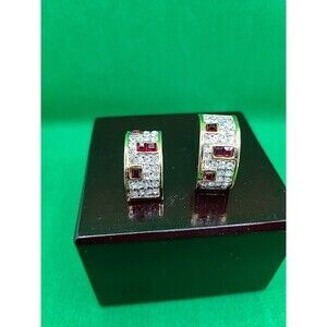 Simulated Ruby,Diamond Hugger Drop/Dangle Earrings Gold. 1 Missing Clip. Clip On